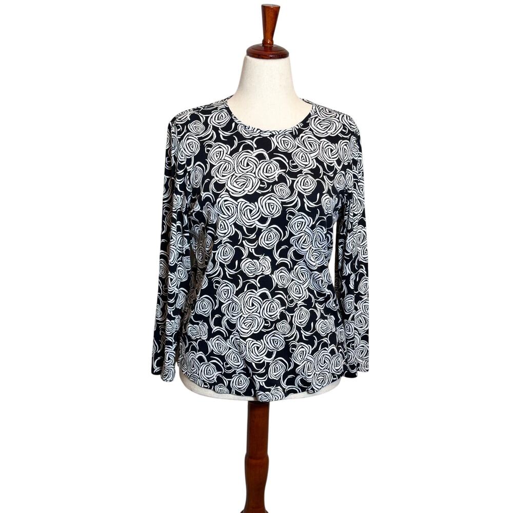 Chico's top long sleeve knit scoop neck black white abstract pattern Sz 2 US L